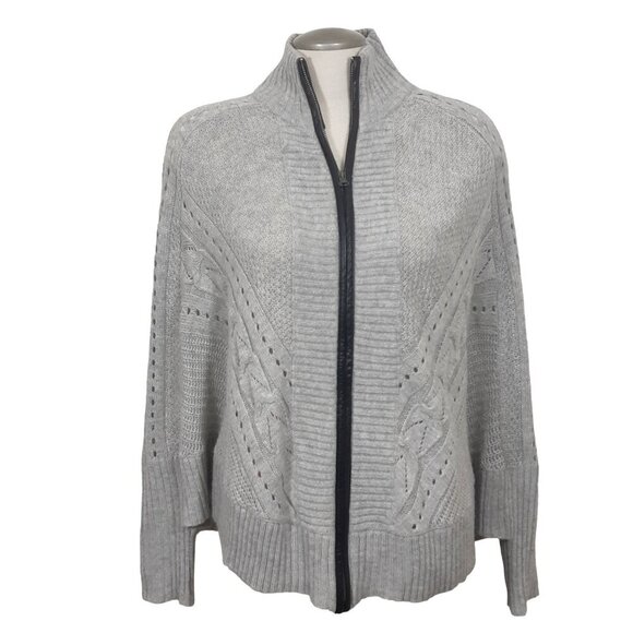 Womens Boxy Cardigan Poncho Med Beige Zip Up Knit Dolman Batwing Sleeve Boho - Picture 1 of 7